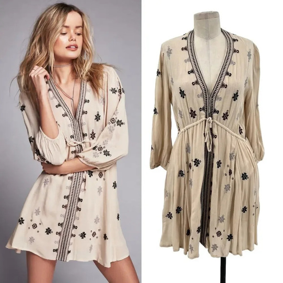 Free People Stargazer Embroidered Mini Dress Natural Beige Tan Size Small - Picture 1 of 13